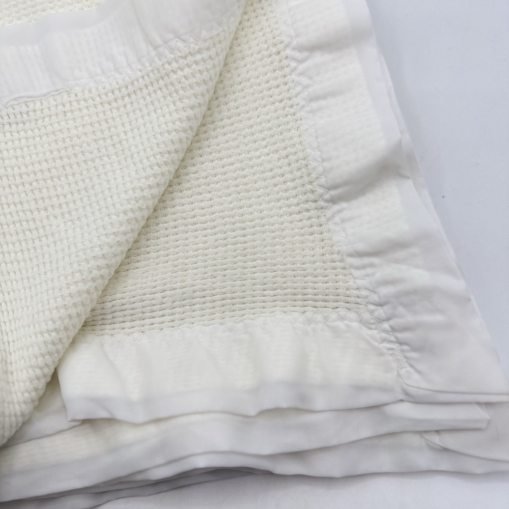 Vintage White Satin Trim Baby Blanket Lovey Waffle Weave 39"X47"